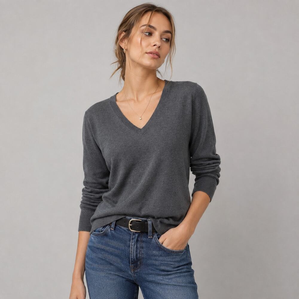 ANA A New Approach Women’s Gray V-Neck Cotton Blend Sweater Size Medium